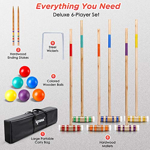 IPOW 32 Inch Six Player Croquet Set with Premium Hardwood Mallets Colored Woo... 