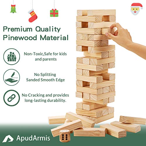 Pine Wooden Tumble Tower Game with Dice and Scoreboard Set 1.5Ft to Over 3Ft Classic Block Stacking Board Game for Kids Children Teenagers ApudArmis 54 PCS Tumble Timber Set