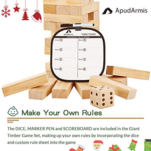 Pine Wooden Tumble Tower Game with Dice and Scoreboard Set 1.5Ft to Over 3Ft Classic Block Stacking Board Game for Kids Children Teenagers ApudArmis 54 PCS Tumble Timber Set